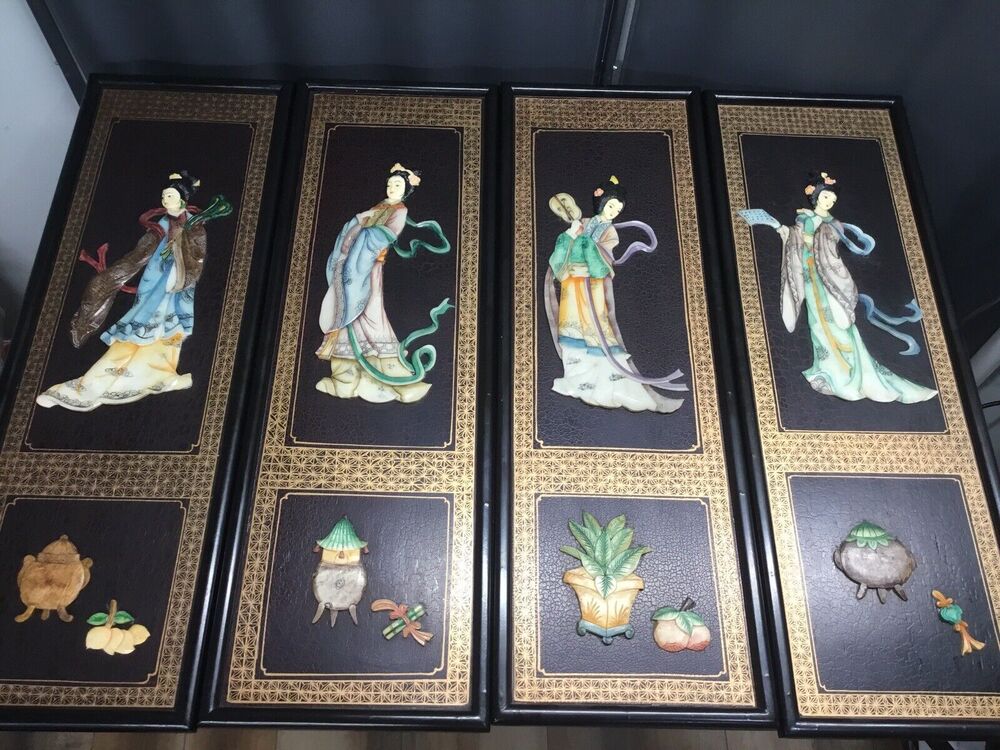 Four Chinese Vintage Handpainted Shell Inlay Wood Panels Geisha Art Large 36x12